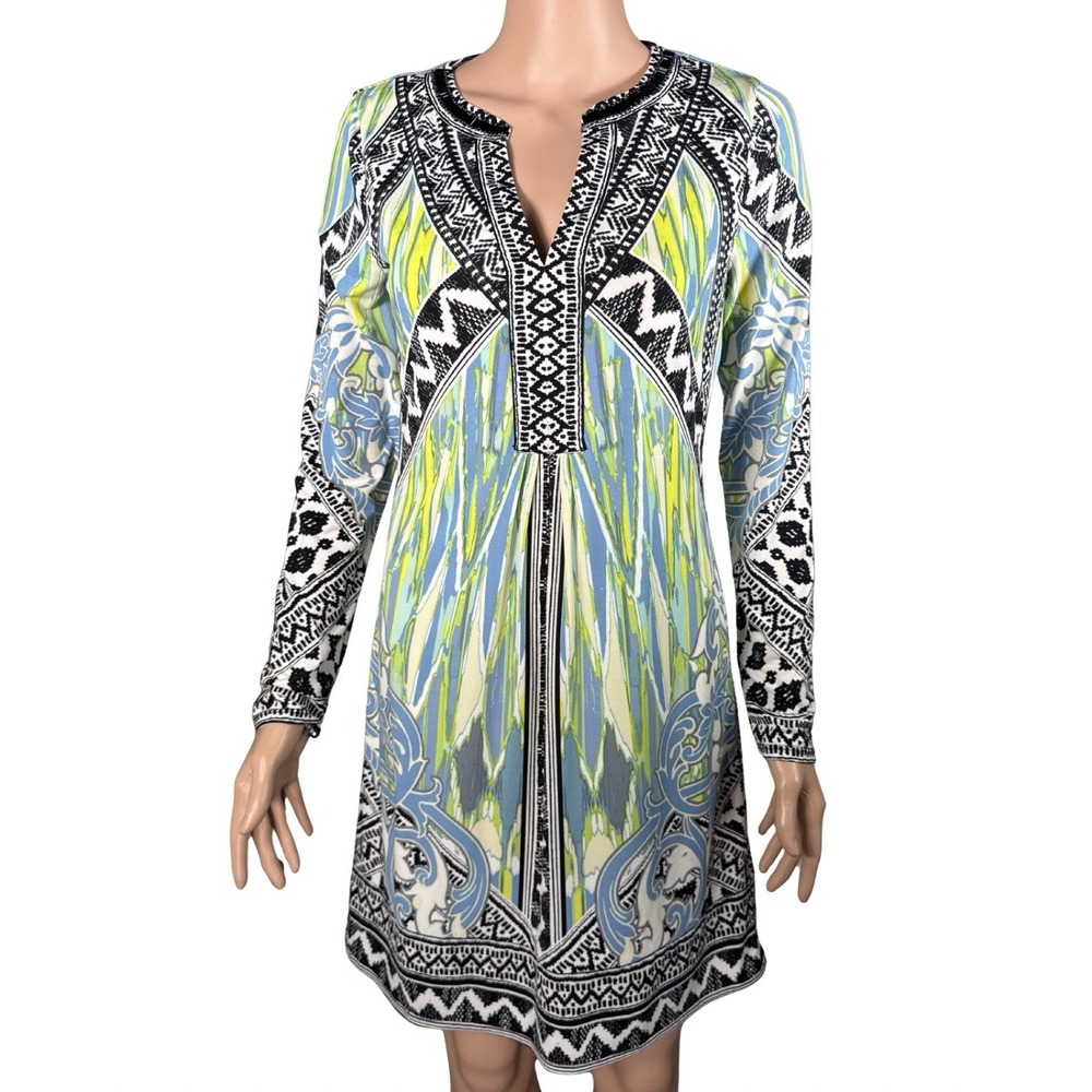 Hale Bob Tunic Dress Green Blue Geometric Beaded V Neck Boho Mini Size S